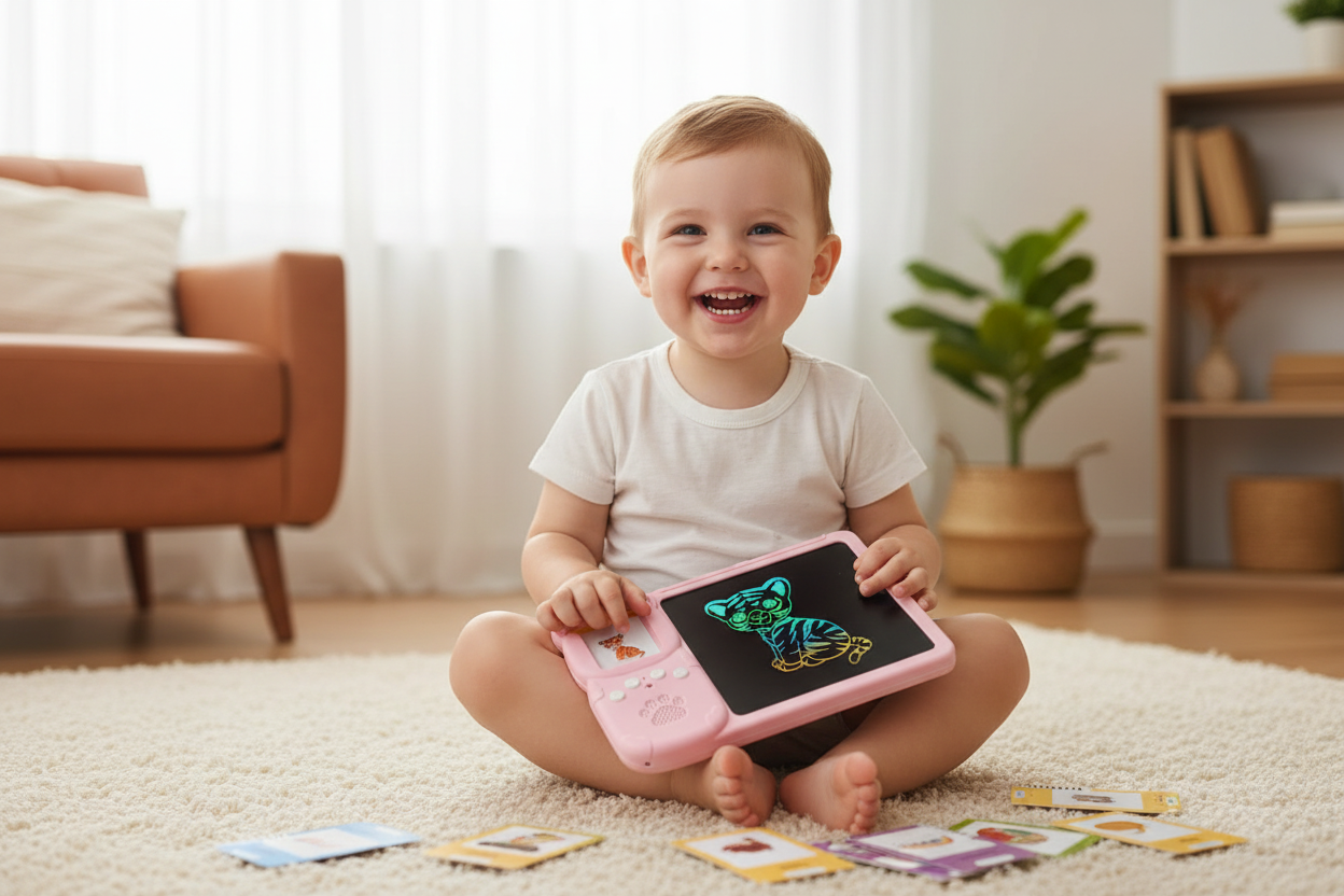 Niño feliz con la máquina TinyTalks
